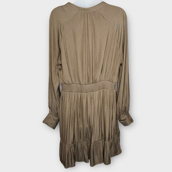 BANANA REPUBLIC Balza Ruffle Mini Dress Olive V Neck Long Sleeve Size Large - Picture 3 of 7